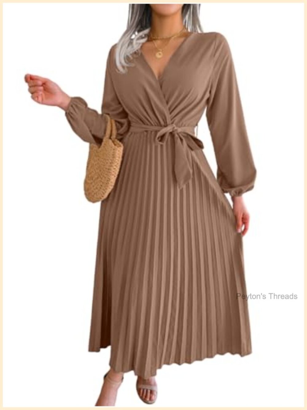Pleated Maxi Wrap Dress Long Sleeve Modest V-Neck Business Casual